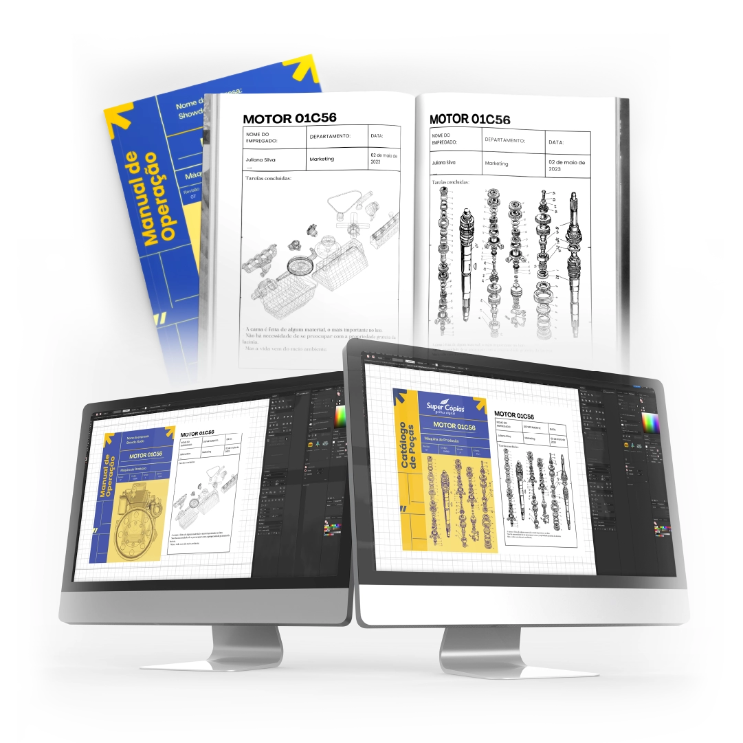 Monitores de computador e manuais impressos exibindo a diagramação de um catálogo de peças.