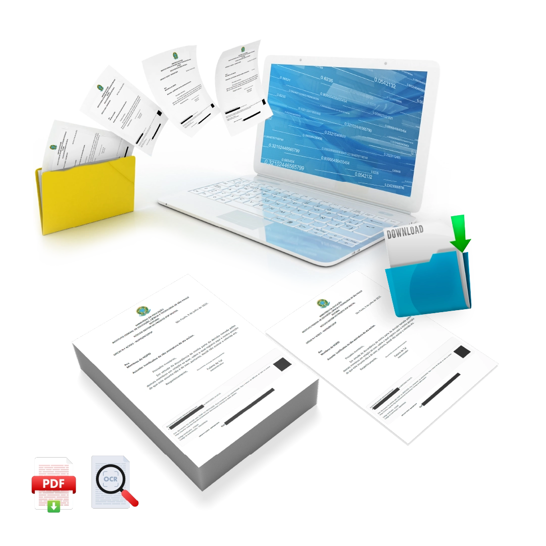 Representação visual de documentos sendo digitalizados e transformados em PDFs pesquisáveis com ícones de PDF e OCR.